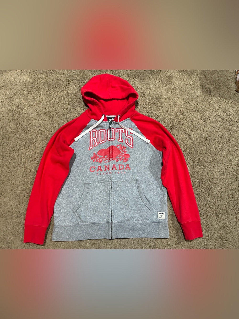 Roots Canada Full Zip Hoodie Sweatshirt Women’s Size M Spellout Logo Red/Gray